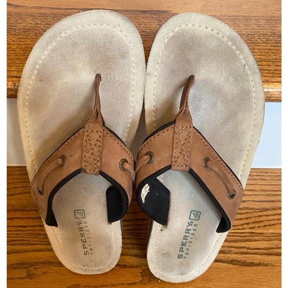 Sperry Size 10M Men's Tan Leather Flip Flop Sandals with Black Trim - Picture 1 of 10